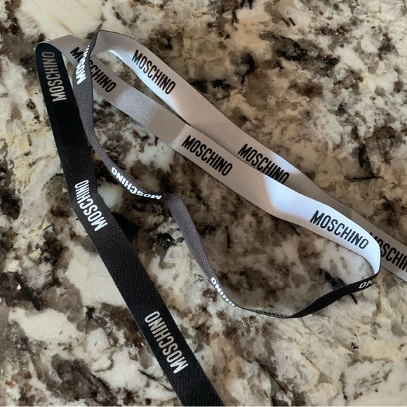 MOSCHINO Logo Ribbon, Double Sided, Black & White, Approx. 37" - Picture 3 of 5